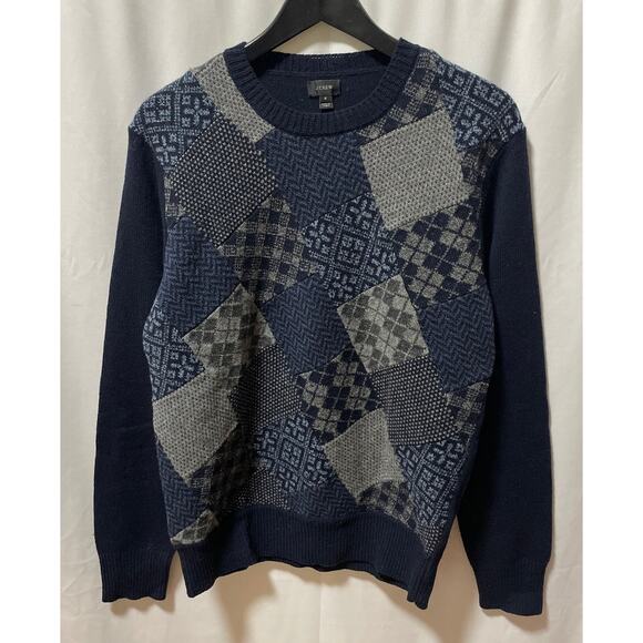 Navy Patchwork Suede Elbow Patch Crew Neck Sweater S